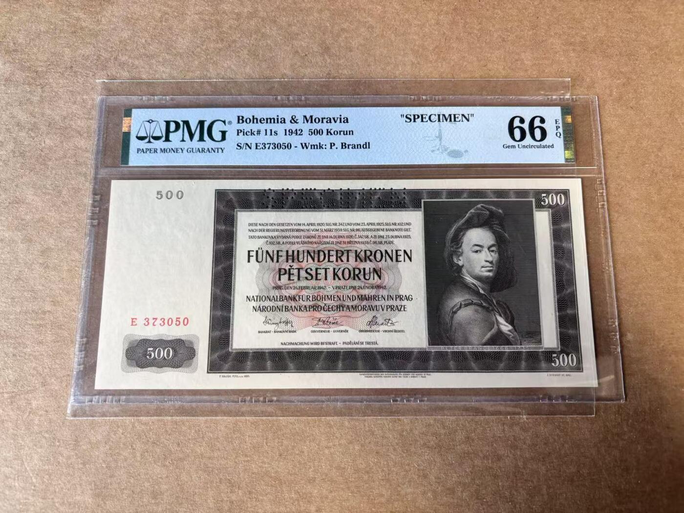 【Blue Auction】世界纸币精拍第745期——18级TOP拍卖/信誉/品质/专业/高效💫 波西米亚 1942年500克朗 样钞 PMG66EPQ 超大票幅
