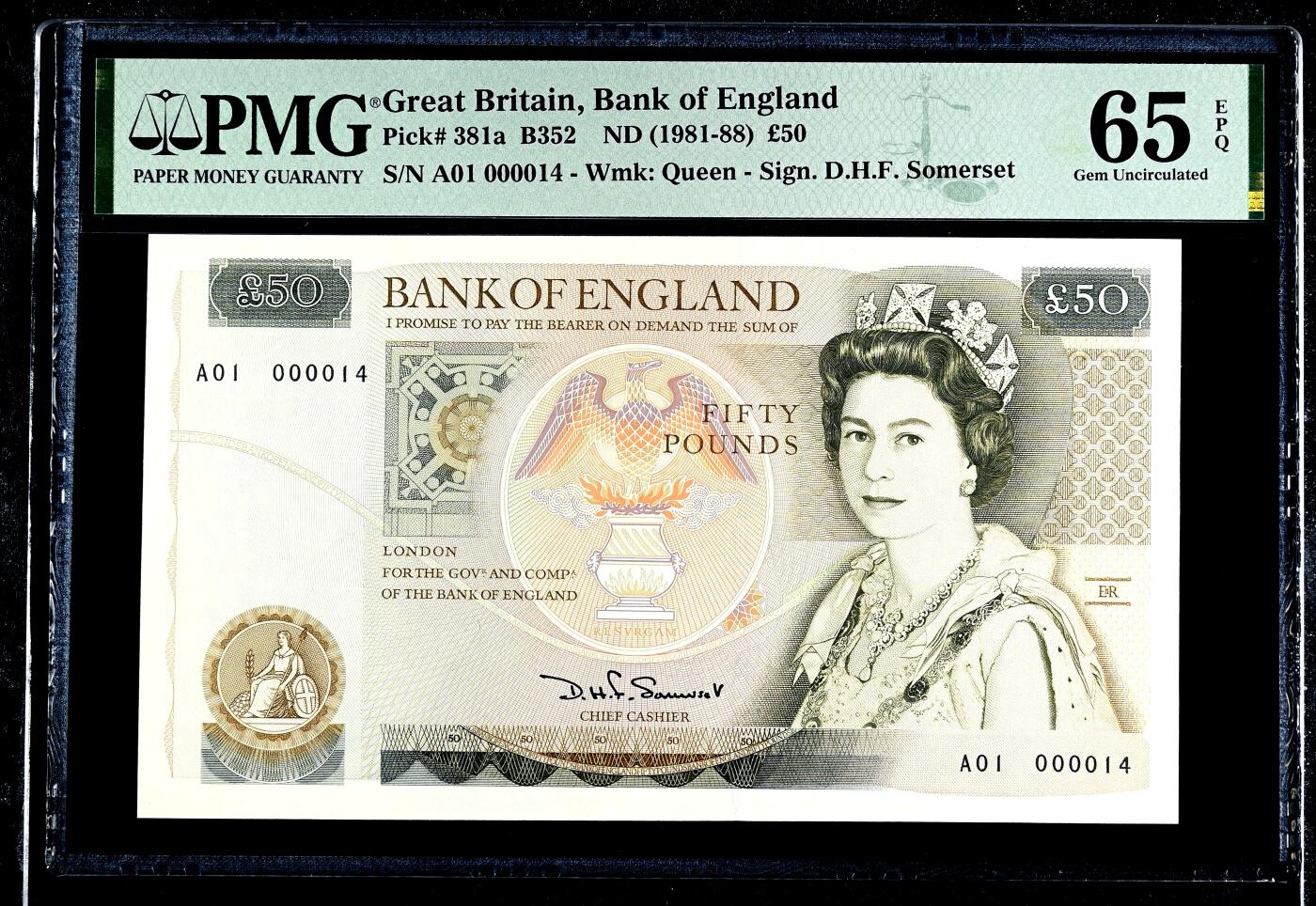 【Blue Auction】世界纸币精拍第745期——18级TOP拍卖/信誉/品质/专业/高效💫 【初版A01首发冠 14极小号非常罕见】英国 D序列1981-88年50镑 PMG65EPQ 从泰晤士河上看到的圣保罗大教堂&圣保罗大教堂俯视图&克里斯托弗雷恩爵士的肖像 （英镑前20几号都是赠送给名人或者特殊机构 十分有意义 14小号据资料显示是给了德纳罗）