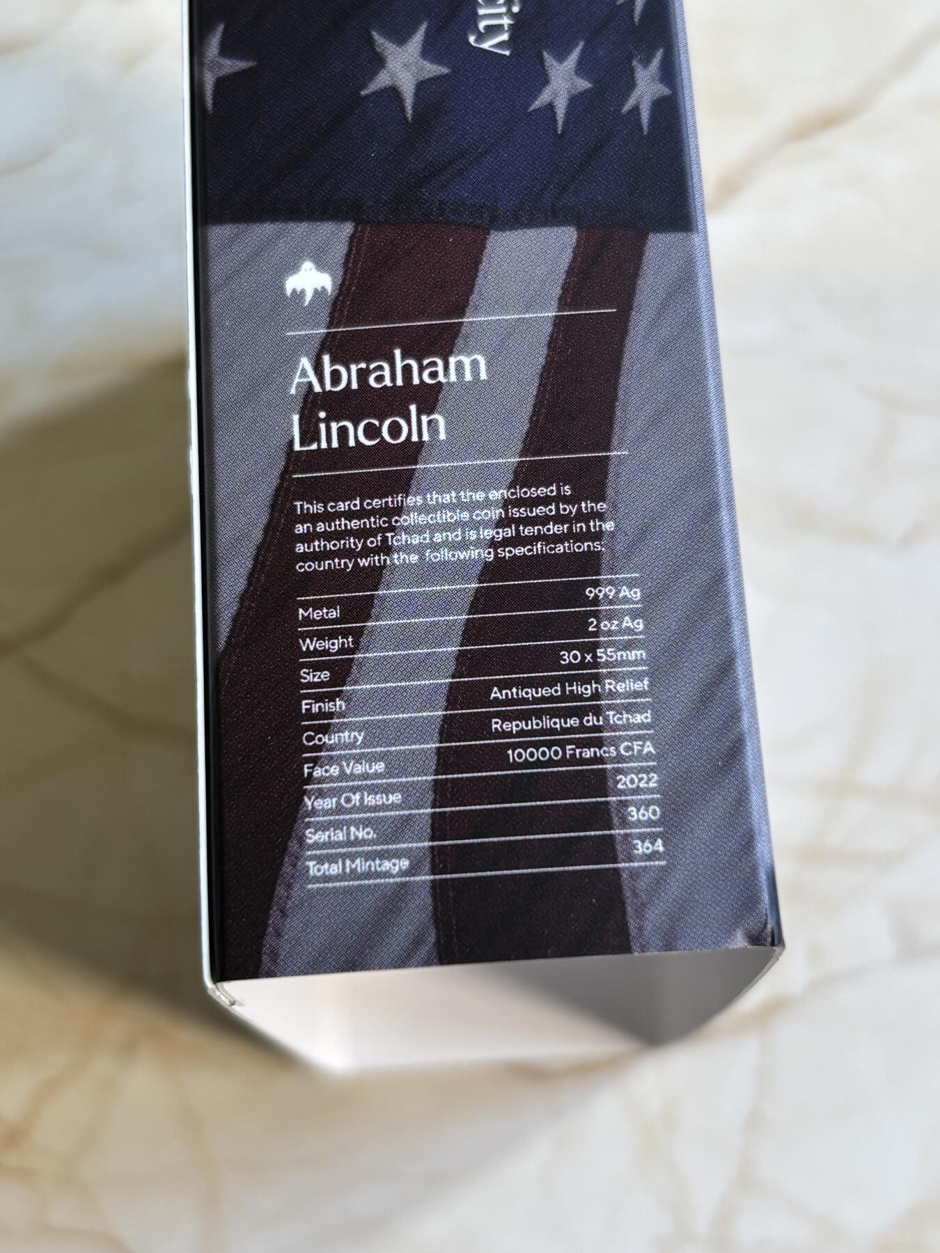 第180期拍卖【长期征集拍品】【北京币展专场】 乍得 2022 年美国第 16 任总统2盎司异形仿古银币，999银，发行364枚