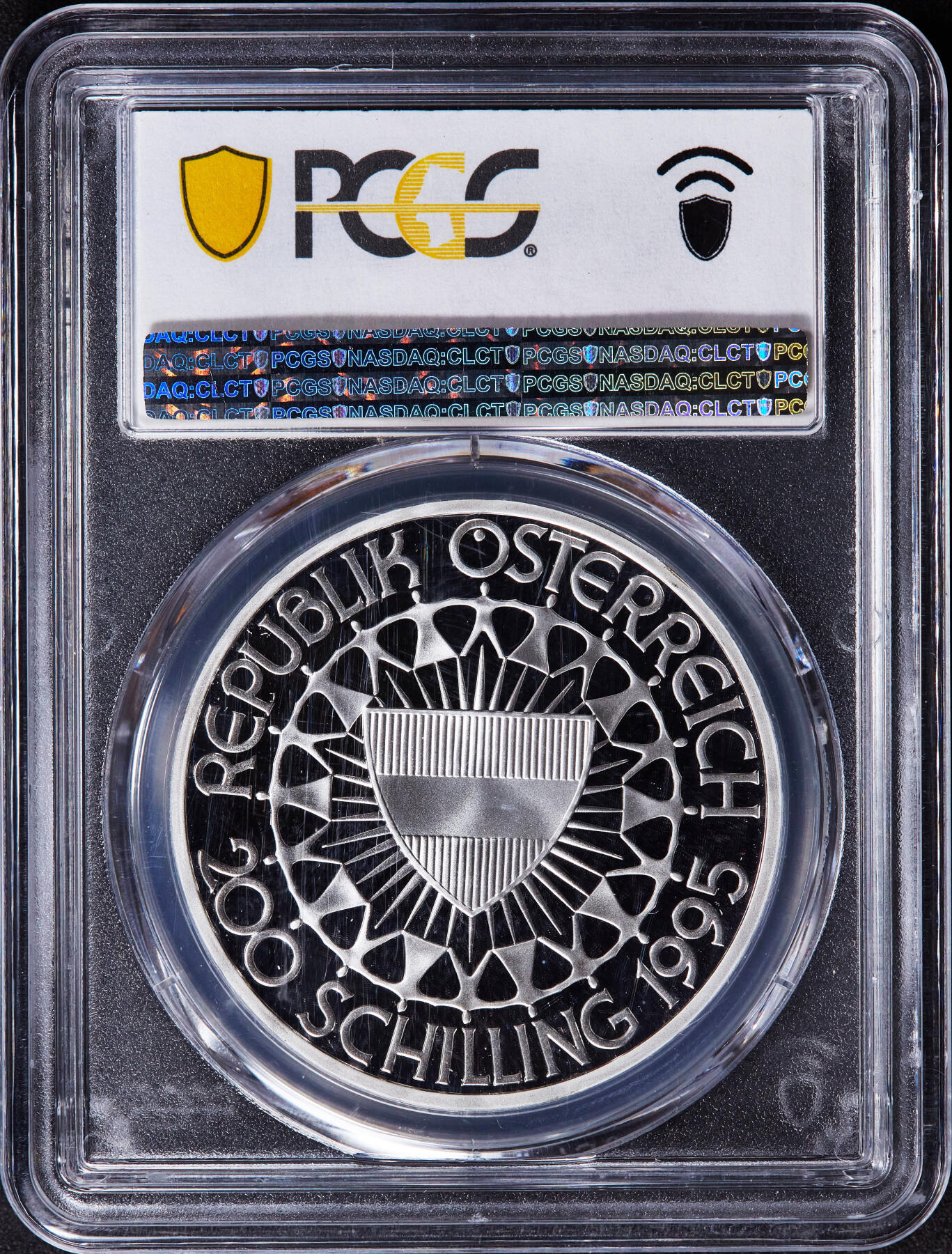 【俄甄集藏】2025年(044)11-12星期三晚 19:30 全场包邮 奥地利1995年纪念奥运百年-冬奥会高山滑雪200先令精制大银币，PCGS PR70DC，重33.63克，92.5%银，获奖币