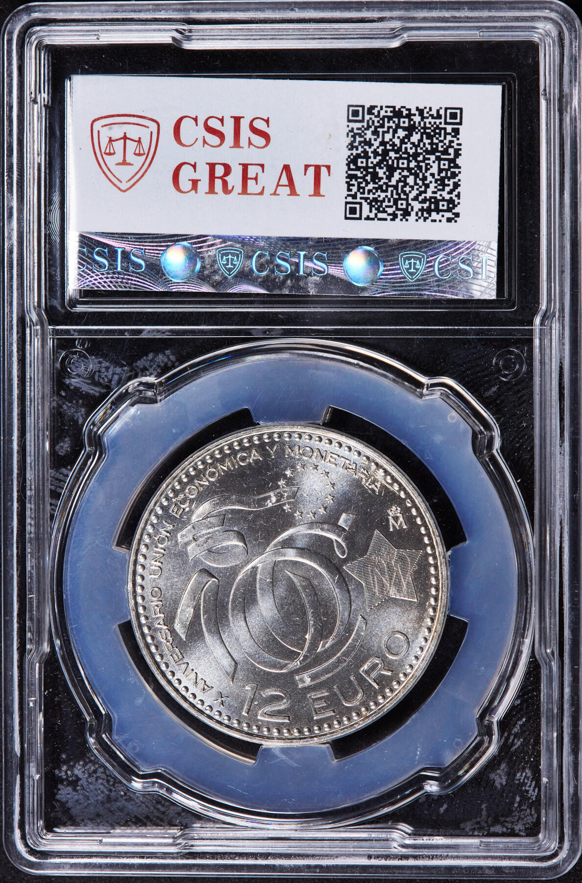 【俄甄集藏】2025年(044)11-12星期三晚 19:30 全场包邮 西班牙2009年欧洲货币联盟成立10周年12欧元防伪标纪念银币，信泰 MS66，重18克，92.5%银