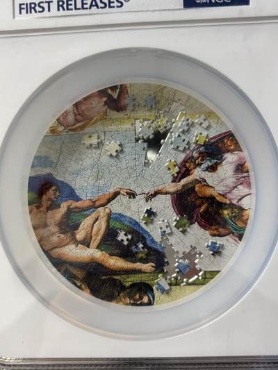 帕劳2023年拼图系列6创造亚当5盎司纪念银币NGC-PF70首原盒证书，999银，发行499枚