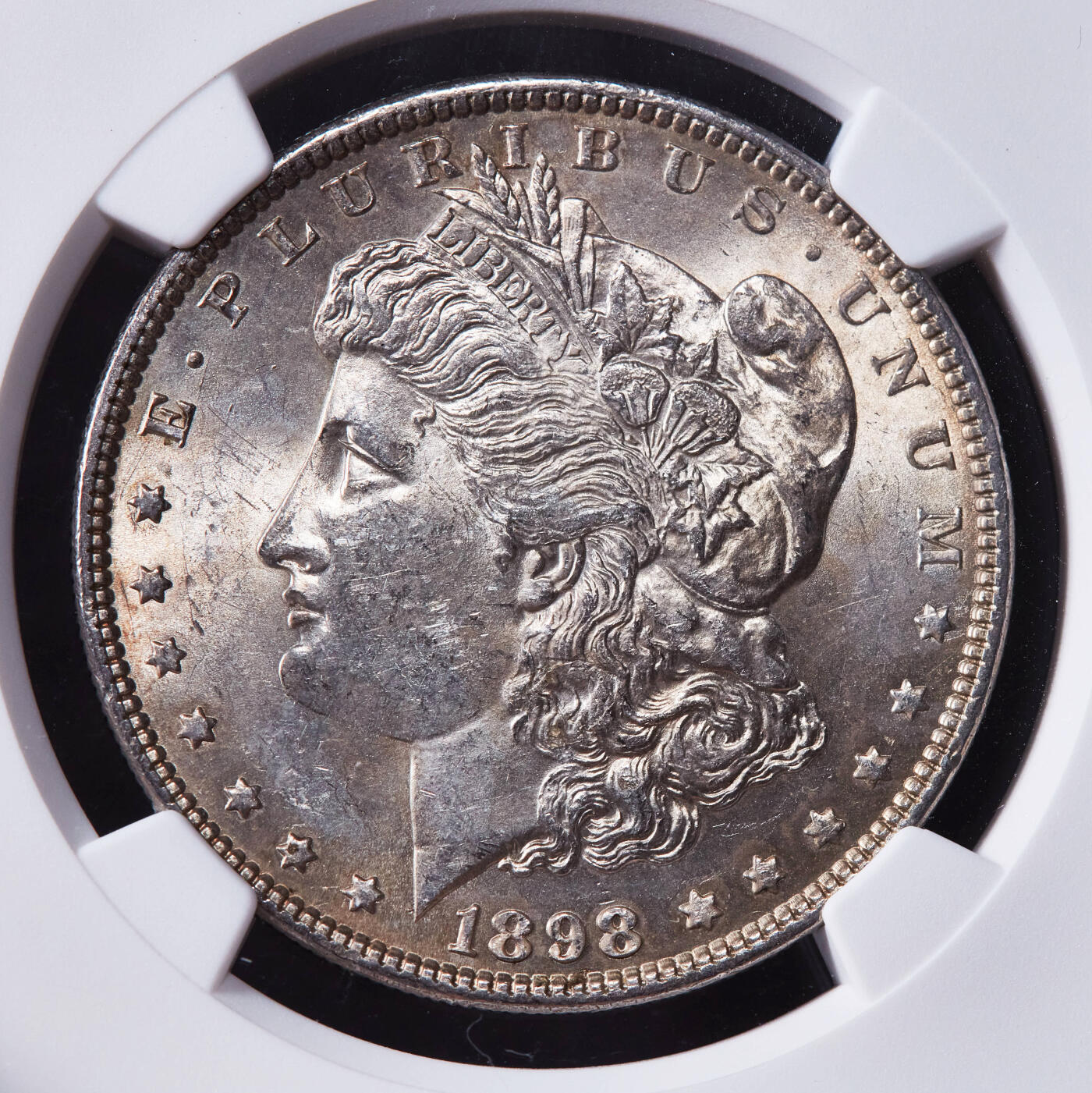 【俄甄集藏】2025年(044)11-12星期三晚 19:30 全场包邮 美国1898年摩根1美元大银币，NGC MS62，双面黄油彩，转光品相