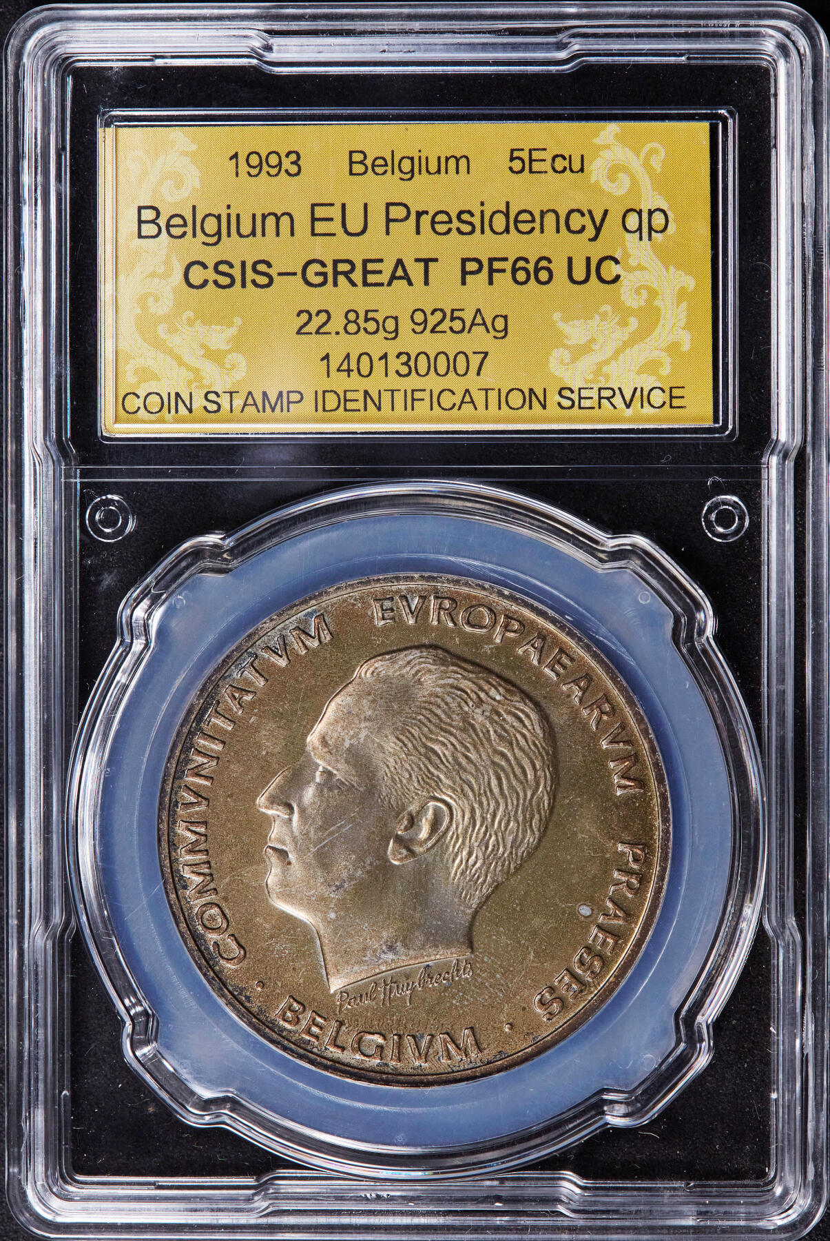 【俄甄集藏】2025年(044)11-12星期三晚 19:30 全场包邮 比利时1993年博杜安一世头像纪念欧盟轮值主席国5埃居银币，信泰 PF66UC，重22.85克，92.5%银，发行量25000枚，黄金包浆