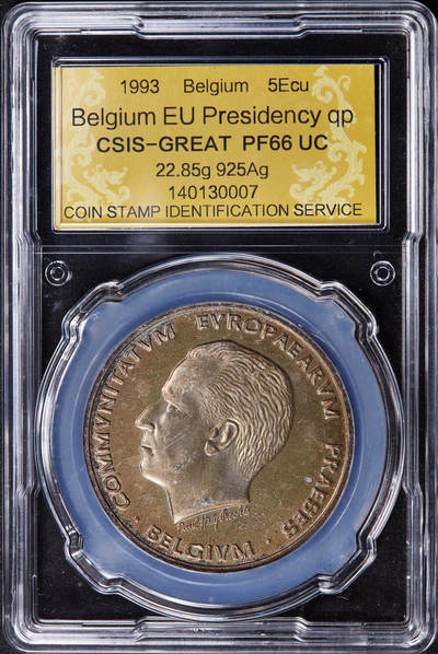 【俄甄集藏】2025年(044)11-12星期三晚 19:30 全场包邮 - 比利时1993年博杜安一世头像纪念欧盟轮值主席国5埃居银币，信泰 PF66UC，重22.85克，92.5%银，发行量25000枚，黄金包浆