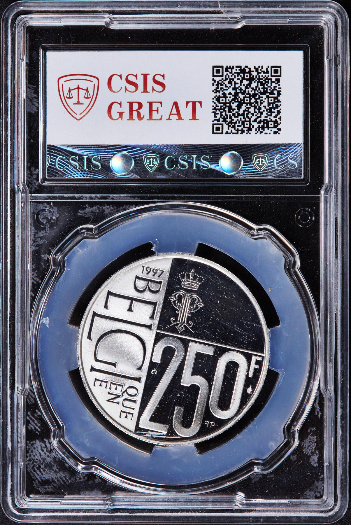 【俄甄集藏】2025年(044)11-12星期三晚 19:30 全场包邮 比利时1997年纪念宝拉王后60寿辰250法郎精制银币，信泰 PF68UC，重18.75克，92.5银，发行量25000枚