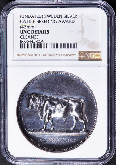 【俄甄集藏】2025年(044)11-12星期三晚 19:30 全场包邮 - 瑞典19世纪奥雷布罗市皇家家庭协会田原生活-牡牛农业大银章，NGC UNCD，高浮雕，类精制底板