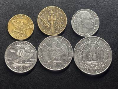 邮泉阁限时拍卖第三十四场 圣马力诺、梵蒂冈、意大利硬币专场（硬币在国外。请付邮费6元。） - 意大利王国维克托·伊曼纽尔三世1939年6枚ⅩⅧ无磁版