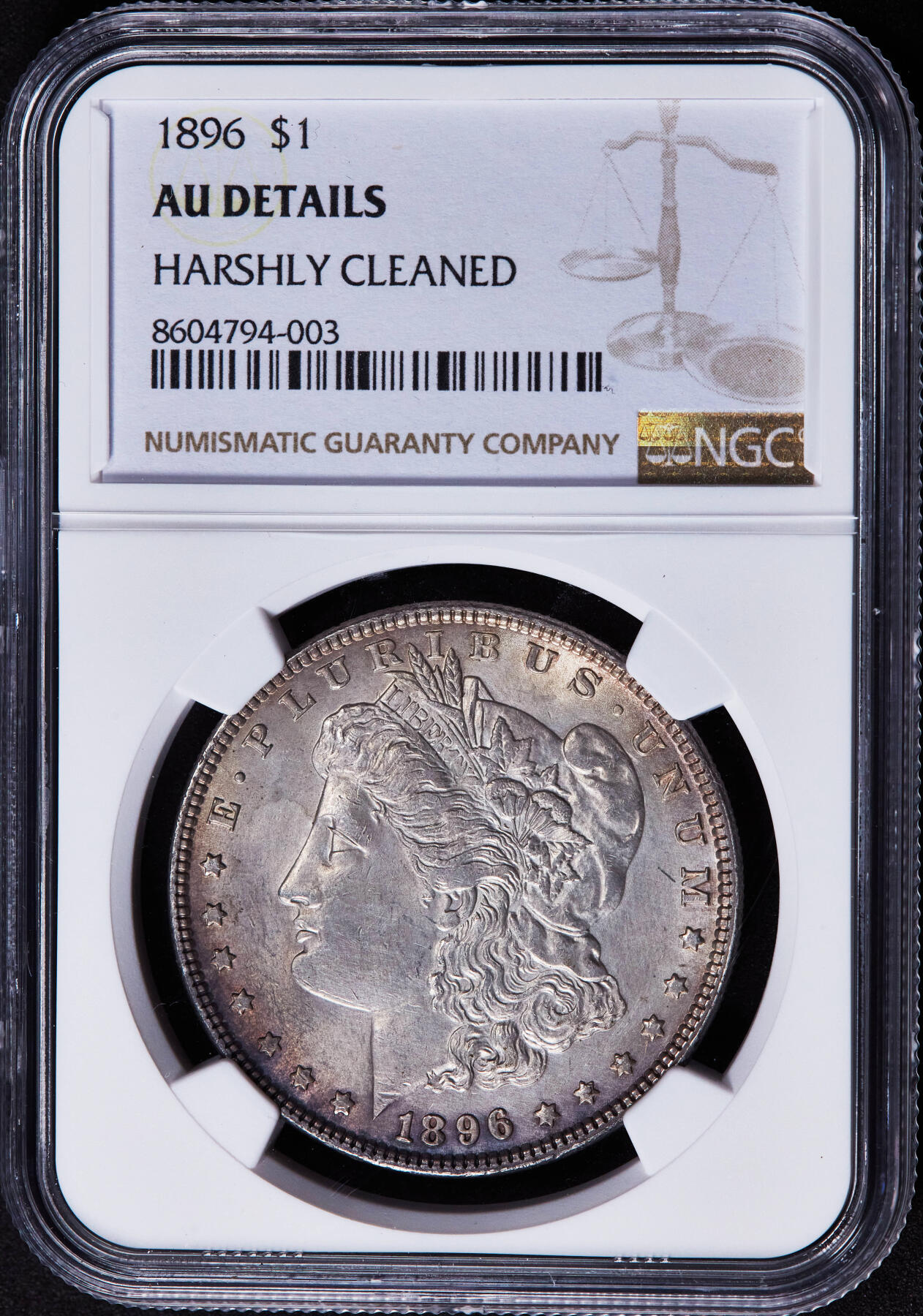 【俄甄集藏】2025年(044)11-12星期三晚 19:30 全场包邮 美国1896年摩根1美元大银币，NGC AUD，单面环彩，丹麦紫罗兰酱彩