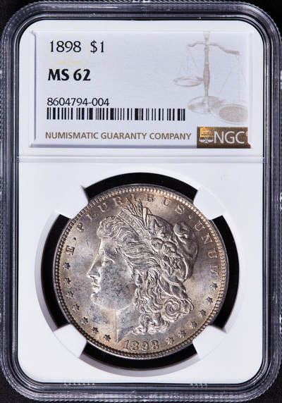 【俄甄集藏】2025年(044)11-12星期三晚 19:30 全场包邮 - 美国1898年摩根1美元大银币，NGC MS62，双面黄油彩，转光品相