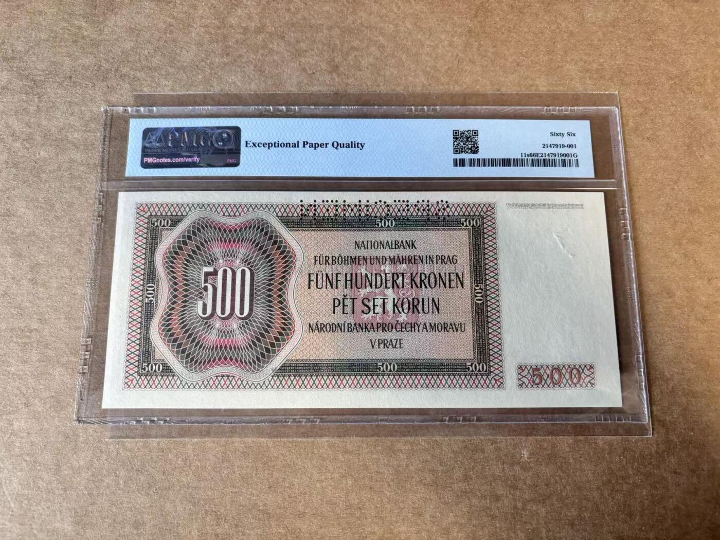 【Blue Auction】世界纸币精拍第745期——18级TOP拍卖/信誉/品质/专业/高效💫 波西米亚 1942年500克朗 样钞 PMG66EPQ 超大票幅