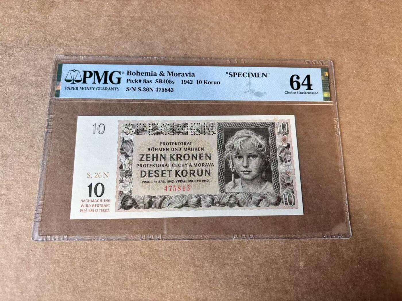 【Blue Auction】世界纸币精拍第745期——18级TOP拍卖/信誉/品质/专业/高效💫 波西米亚 1942年10克朗 样钞 PMG64