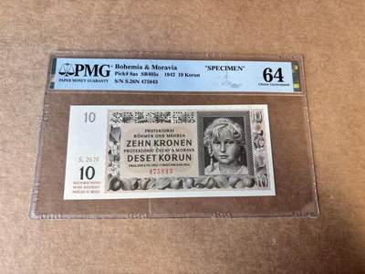 【Blue Auction】世界纸币精拍第745期——18级TOP拍卖/信誉/品质/专业/高效💫 - 波西米亚 1942年10克朗 样钞 PMG64