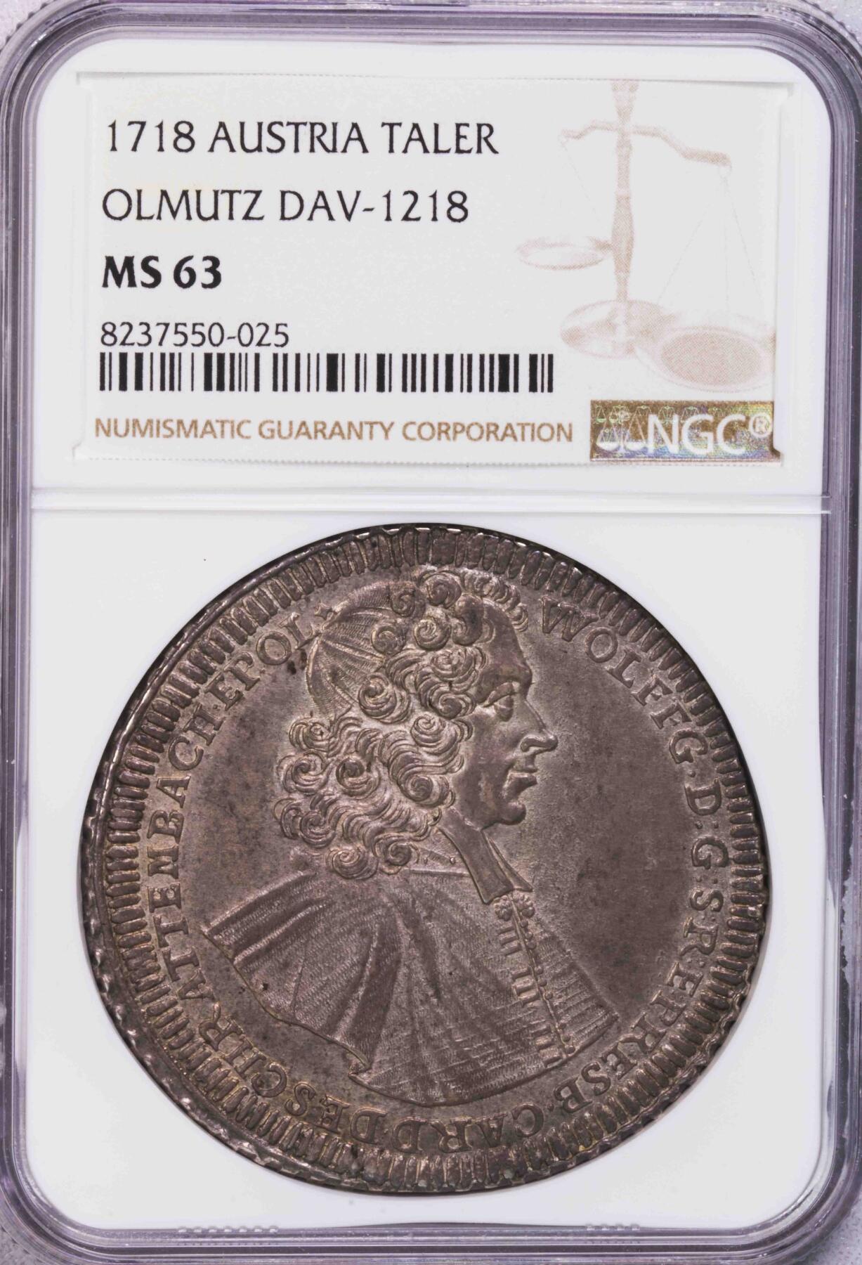 NGC-MS63 1718神罗奥尔穆茨泰勒大银币 唯一冠军