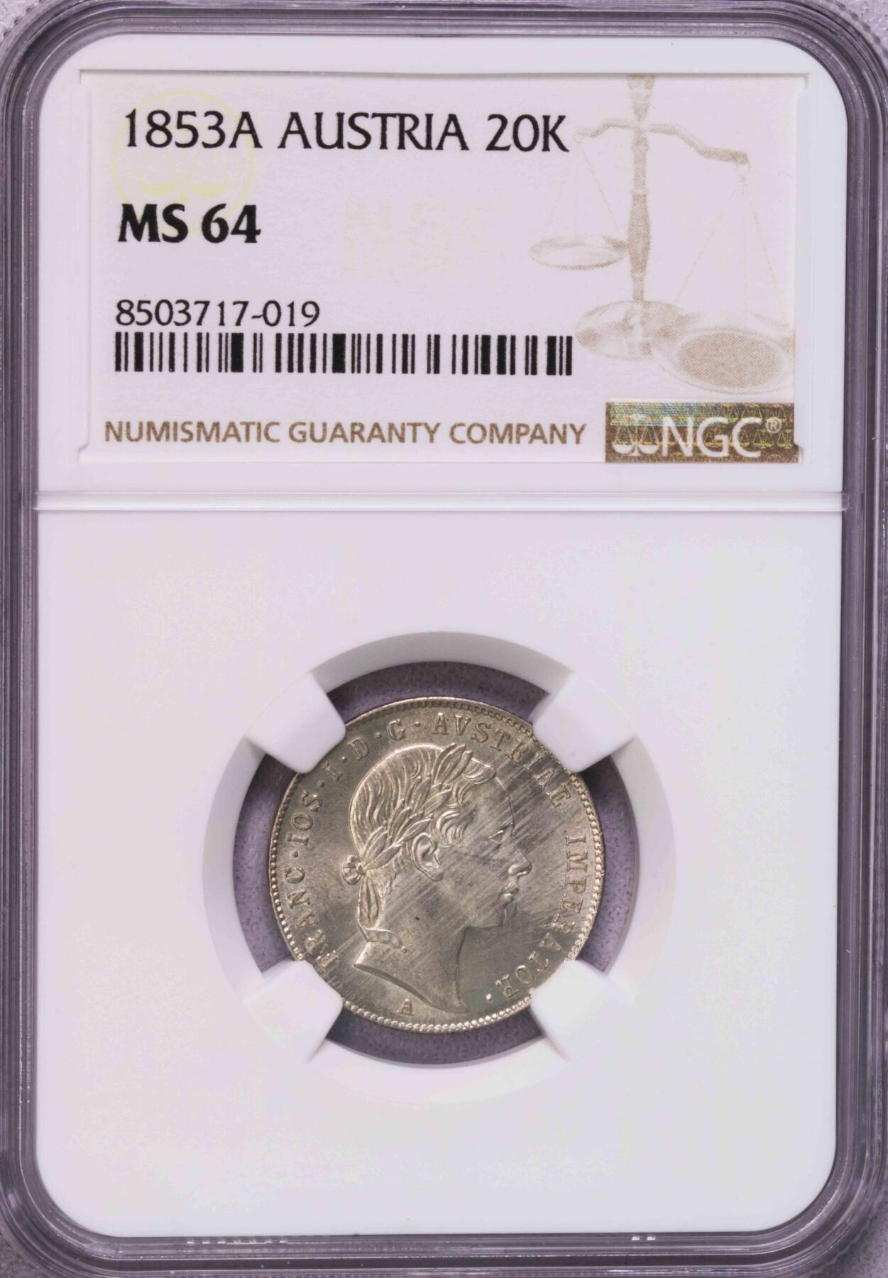 NGC-MS64 1853奥匈帝国弗朗茨约瑟夫20克鲁泽银币 稀少