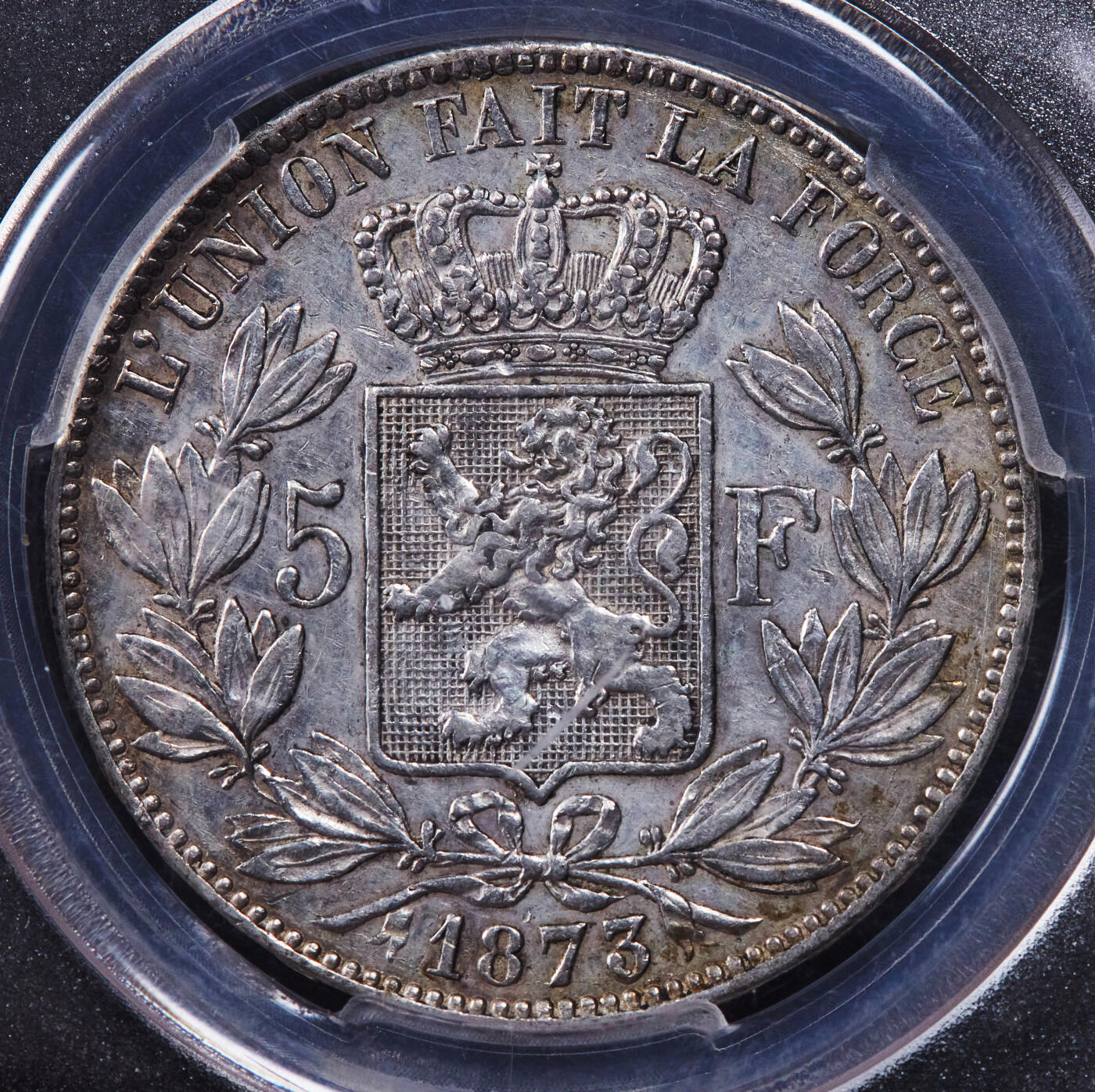 【俄甄集藏】2025年(044)11-12星期三晚 19:30 全场包邮 比利时1873年利奥波德二世5法郎大银币，ACGS AU53，原味状态，细节尚佳