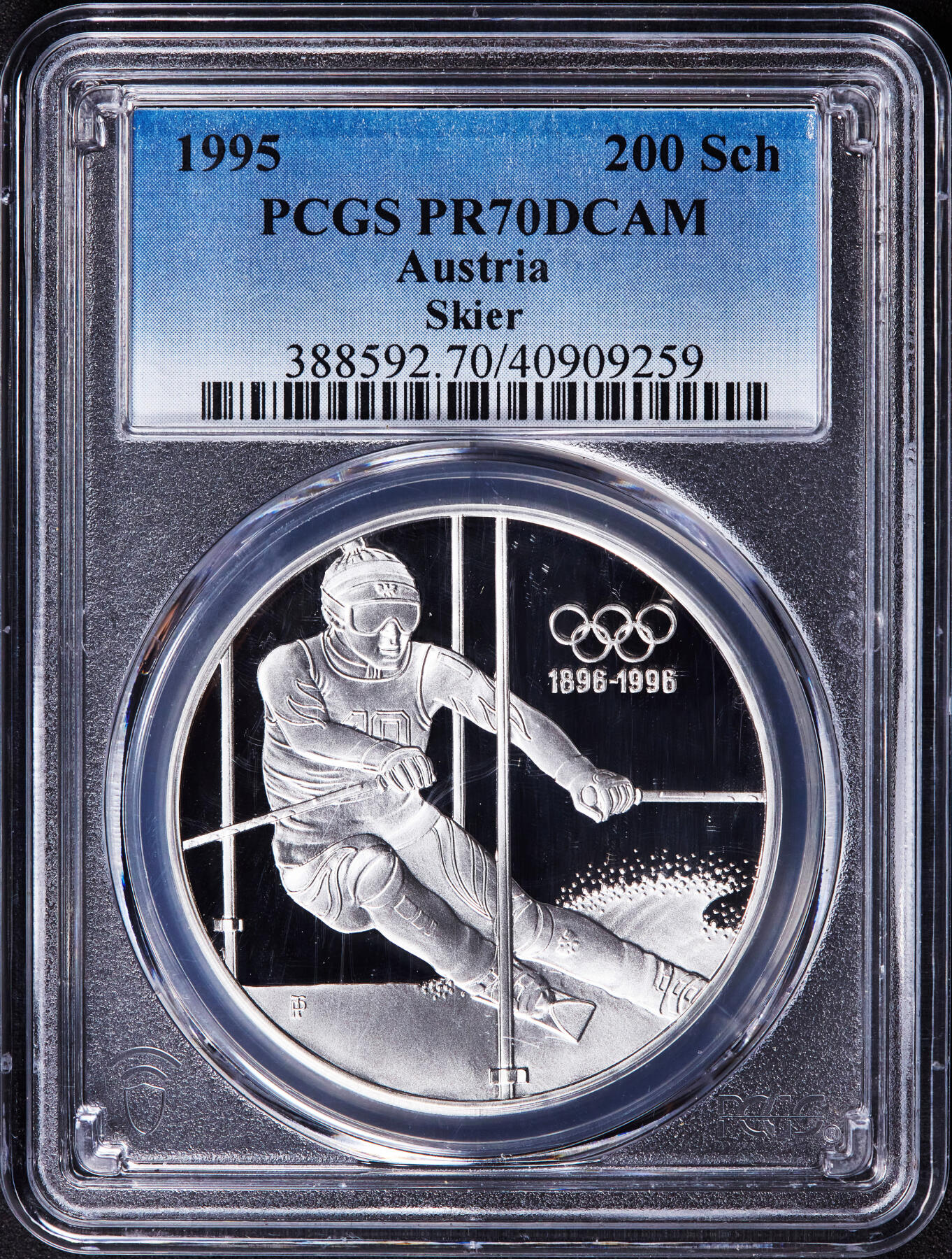 【俄甄集藏】2025年(044)11-12星期三晚 19:30 全场包邮 奥地利1995年纪念奥运百年-冬奥会高山滑雪200先令精制大银币，PCGS PR70DC，重33.63克，92.5%银，获奖币