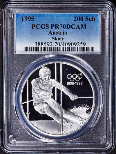 【俄甄集藏】2025年(044)11-12星期三晚 19:30 全场包邮 - 奥地利1995年纪念奥运百年-冬奥会高山滑雪200先令精制大银币，PCGS PR70DC，重33.63克，92.5%银，获奖币