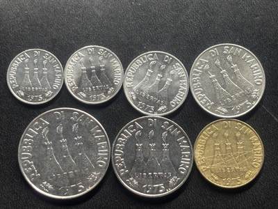 邮泉阁限时拍卖第三十四场 圣马力诺、梵蒂冈、意大利硬币专场（硬币在国外。请付邮费6元。） - 圣马力诺1975年7枚