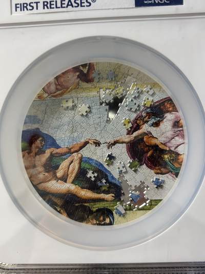 帕劳2023年拼图系列6创造亚当5盎司纪念银币NGC-PF70首原盒证书，999银，发行499枚