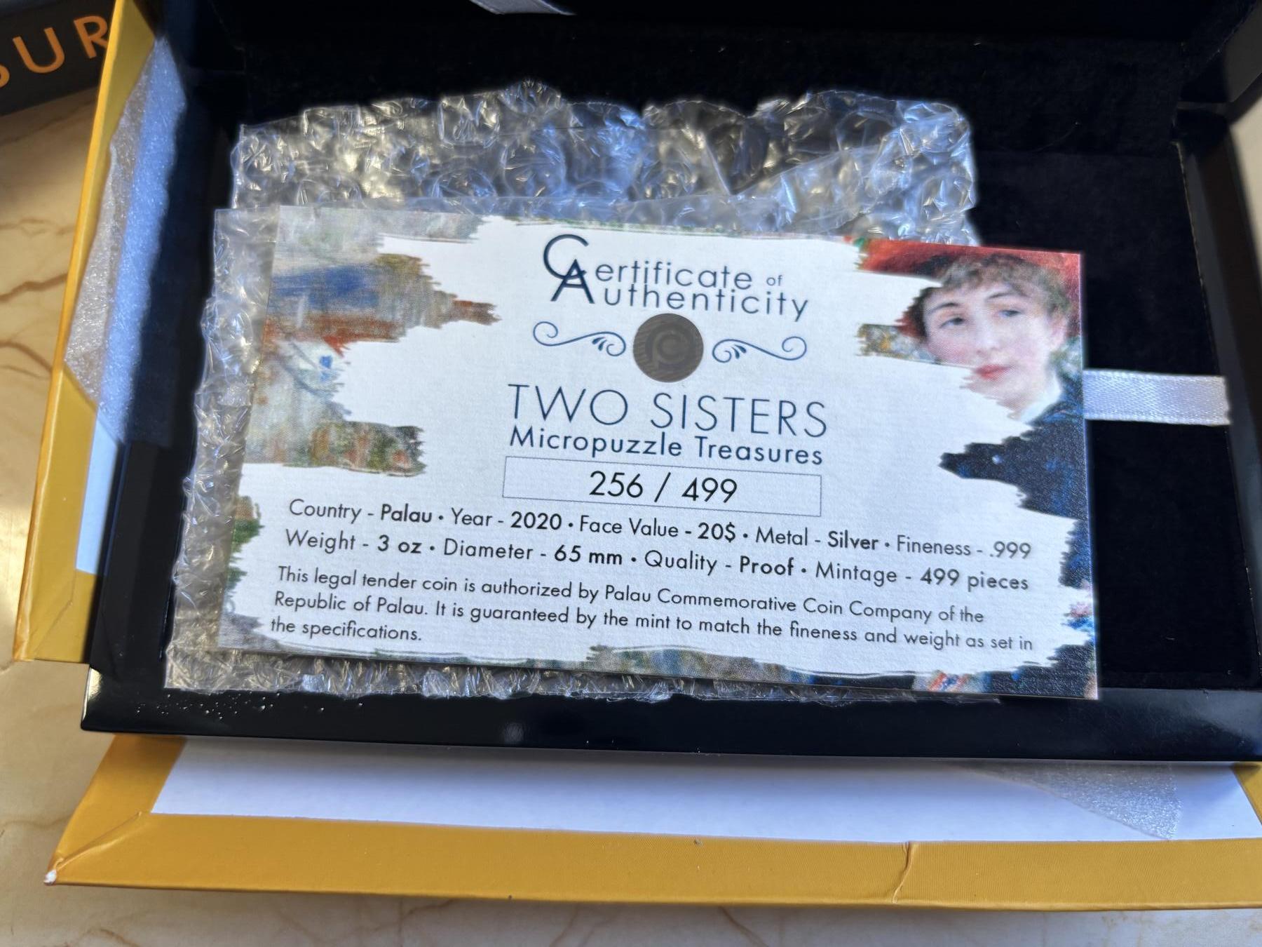 第180期拍卖【长期征集拍品】【北京币展专场】 获奖帕劳2020年拼图系列雷阿诺-两个姐妹3盎司银币NGC-PF70首原盒证书，获得2021年度钱币之星最佳原创技术币大奖第一枚，999银，发行499枚