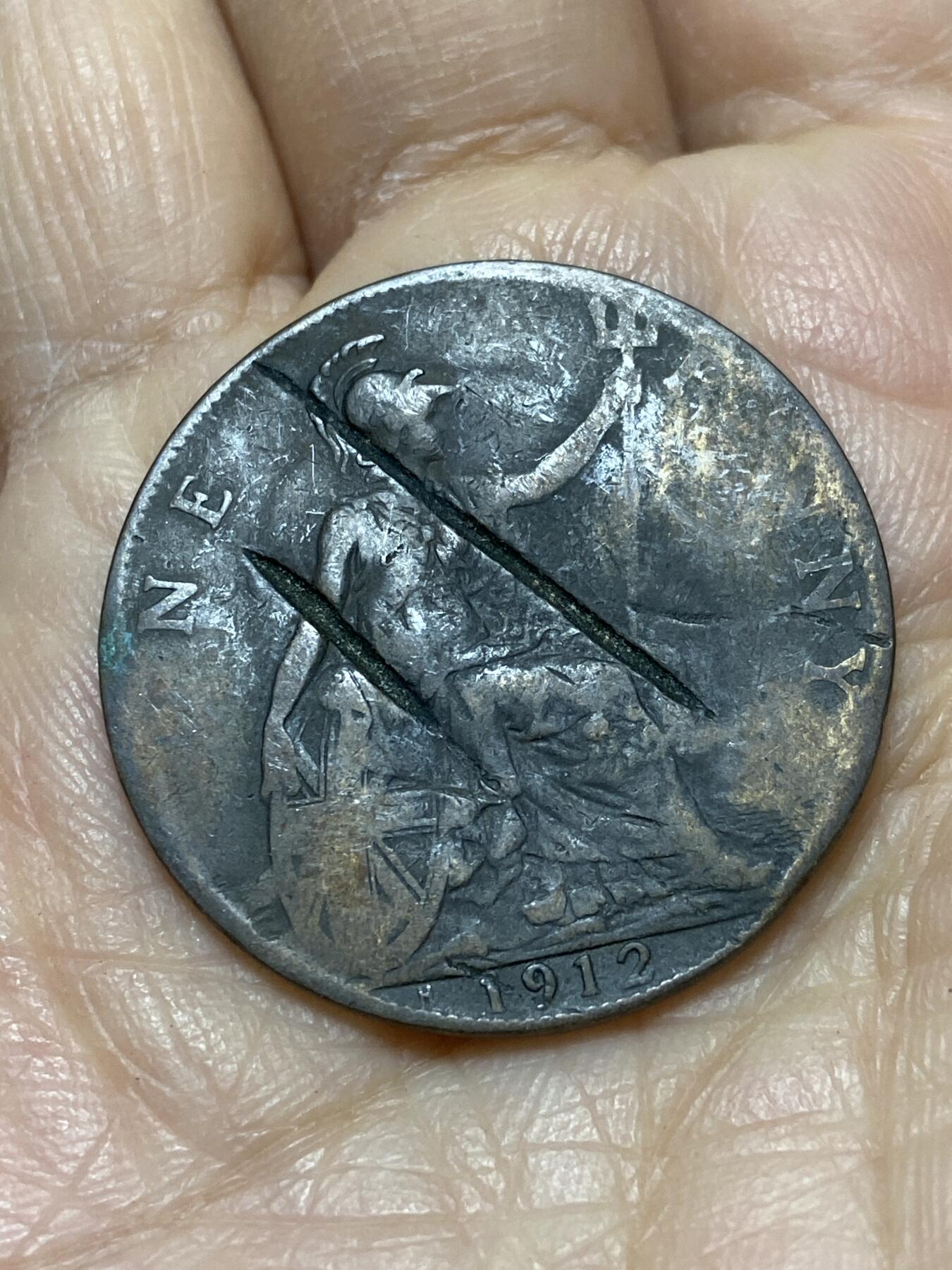 2025年第一百二十一场(总第一百四十七场）外国好品散币(免佣金) 少见有伤–英国🇬🇧1912年1便士(乔治五世第一版，H标喜敦厂造)