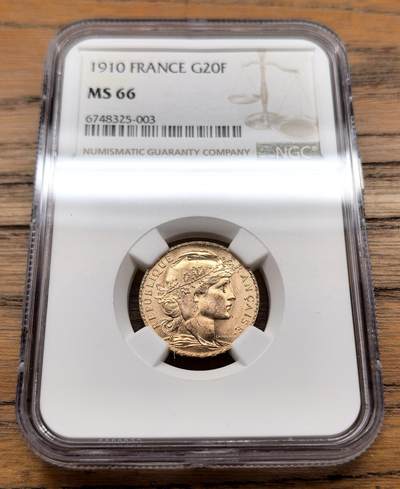 凡希社世界钱币微拍第三百十三期 - 1910法国自由帽20法郎金币NGC-MS66，高分难得！