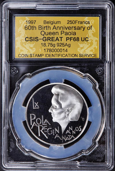 【俄甄集藏】2025年(044)11-12星期三晚 19:30 全场包邮 - 比利时1997年纪念宝拉王后60寿辰250法郎精制银币，信泰 PF68UC，重18.75克，92.5银，发行量25000枚