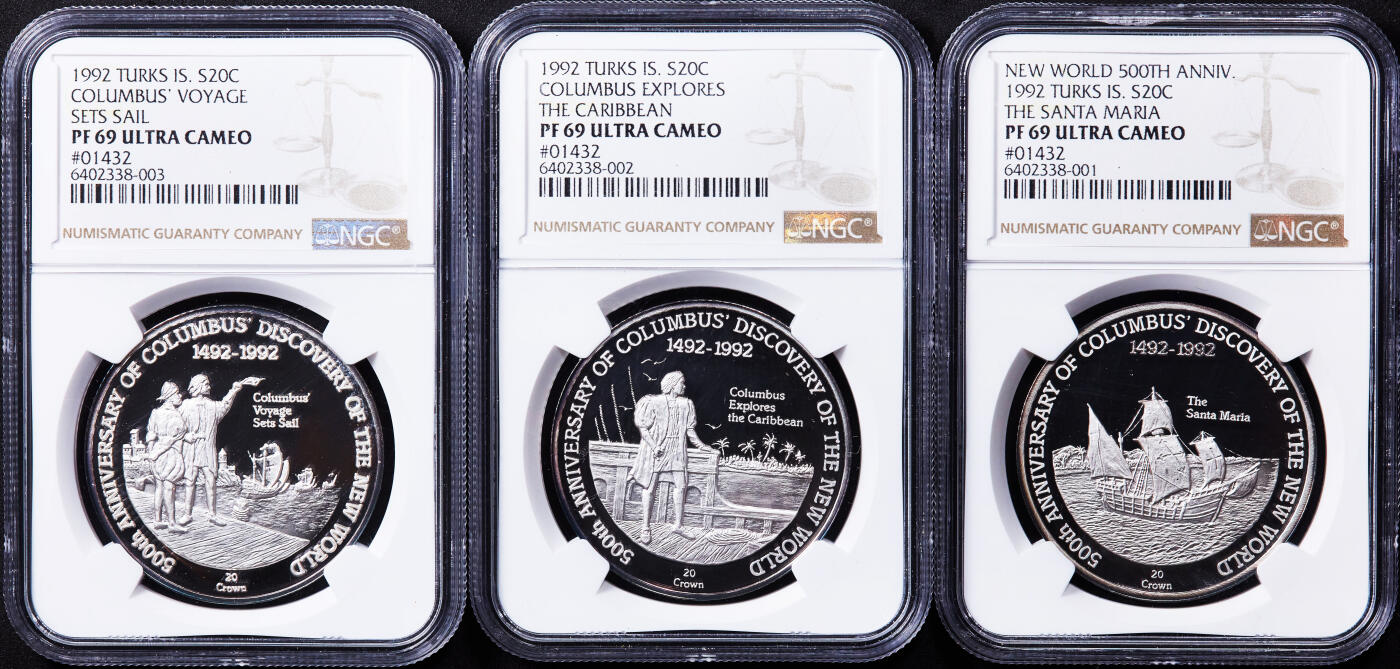 【俄甄集藏】2025年(044)11-12星期三晚 19:30 全场包邮 英属特克斯和凯克斯群岛1992年纪念哥伦布发现新大陆20克朗精制大银币6枚一组，NGC PF69UC，单枚重28.04克，92.5%银，设计精美，成体系难得