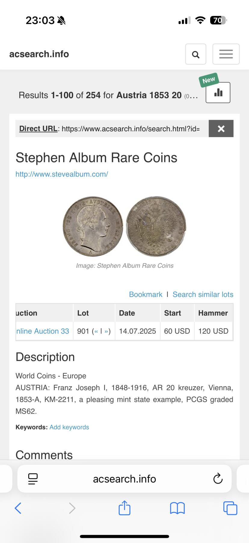 NGC-MS64 1853奥匈帝国弗朗茨约瑟夫20克鲁泽银币 稀少