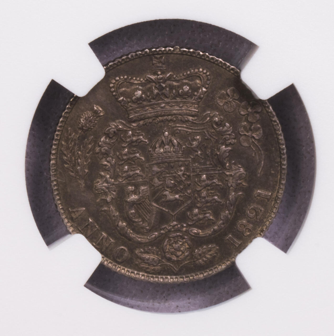 NGC-MS63 1821英国乔四6便士银币 五彩包浆