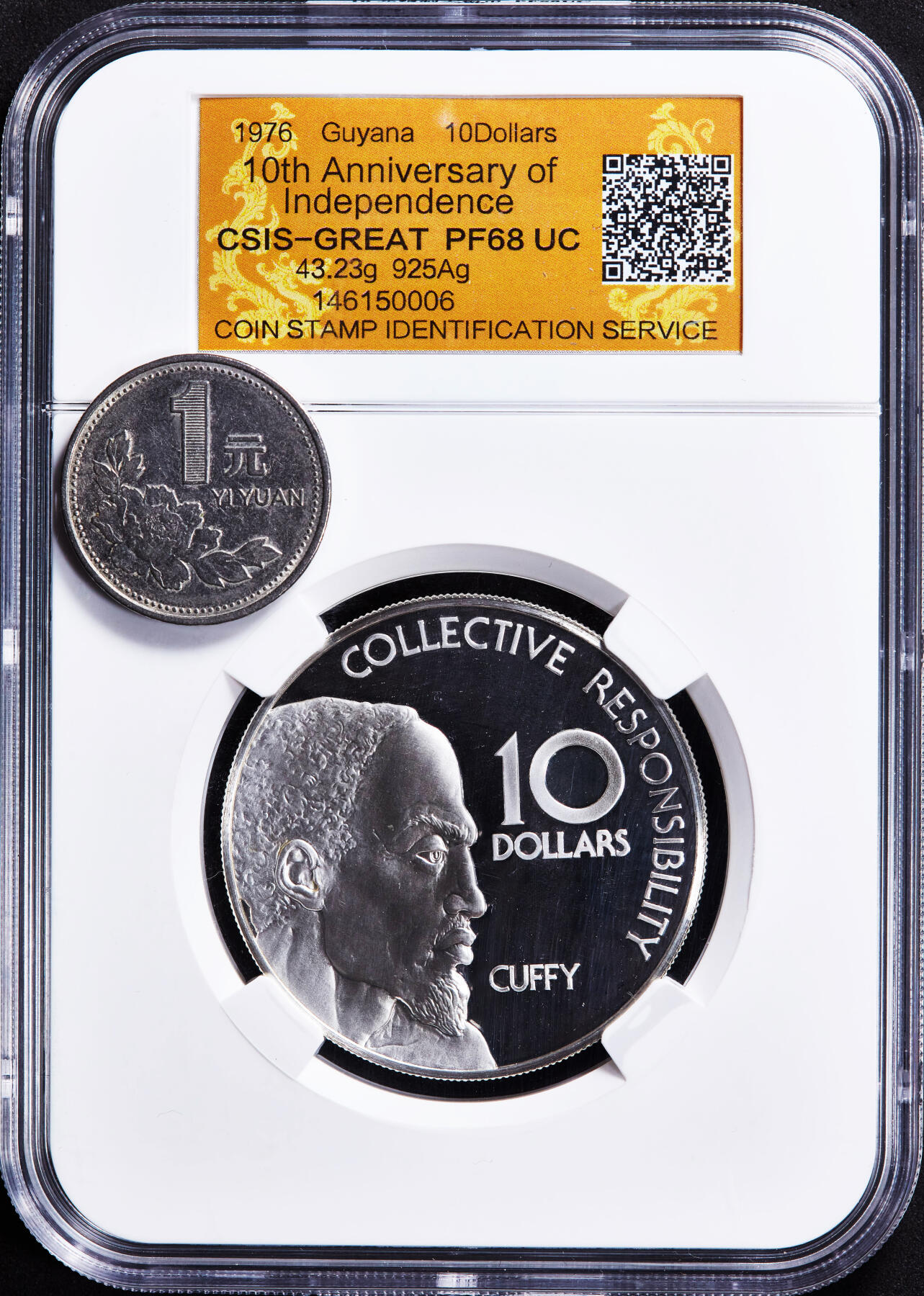 【俄甄集藏】2025年(044)11-12星期三晚 19:30 全场包邮 圭亚那1976年独立十周年10元精制纪念大银币，NGC PF68UC，重43.23克，92.5%银，发行量18000枚