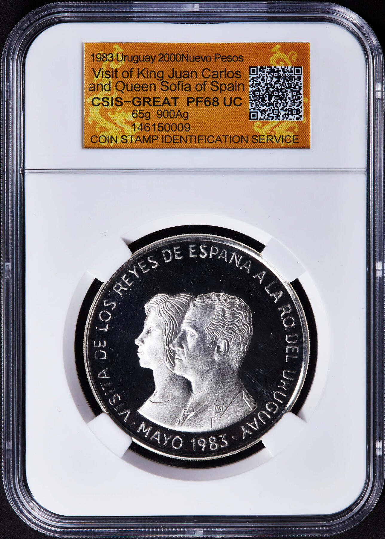 【俄甄集藏】2025年(044)11-12星期三晚 19:30 全场包邮 乌拉圭1983年纪念西班牙国王胡安·卡洛斯夫妇访问2000新比索精制大银币，信泰 PF68UC，原包装带证书，重65克，90%银，发行量20000枚，这个品种大部分回炉了