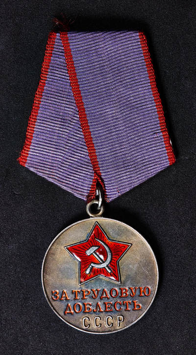 【俄甄集藏】2025年(044)11-12星期三晚 19:30 全场包邮 - 苏联劳动英勇奖章，银质局部珐琅，老包浆全品，章体直径：34mm，含纯银23克