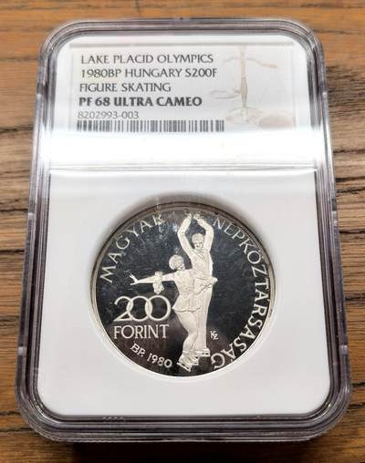 凡希社世界钱币微拍第三百十三期 - 1980匈牙利盐湖城冬奥会纪念200F大银NGC-PF68UC，NGC加厚盒。