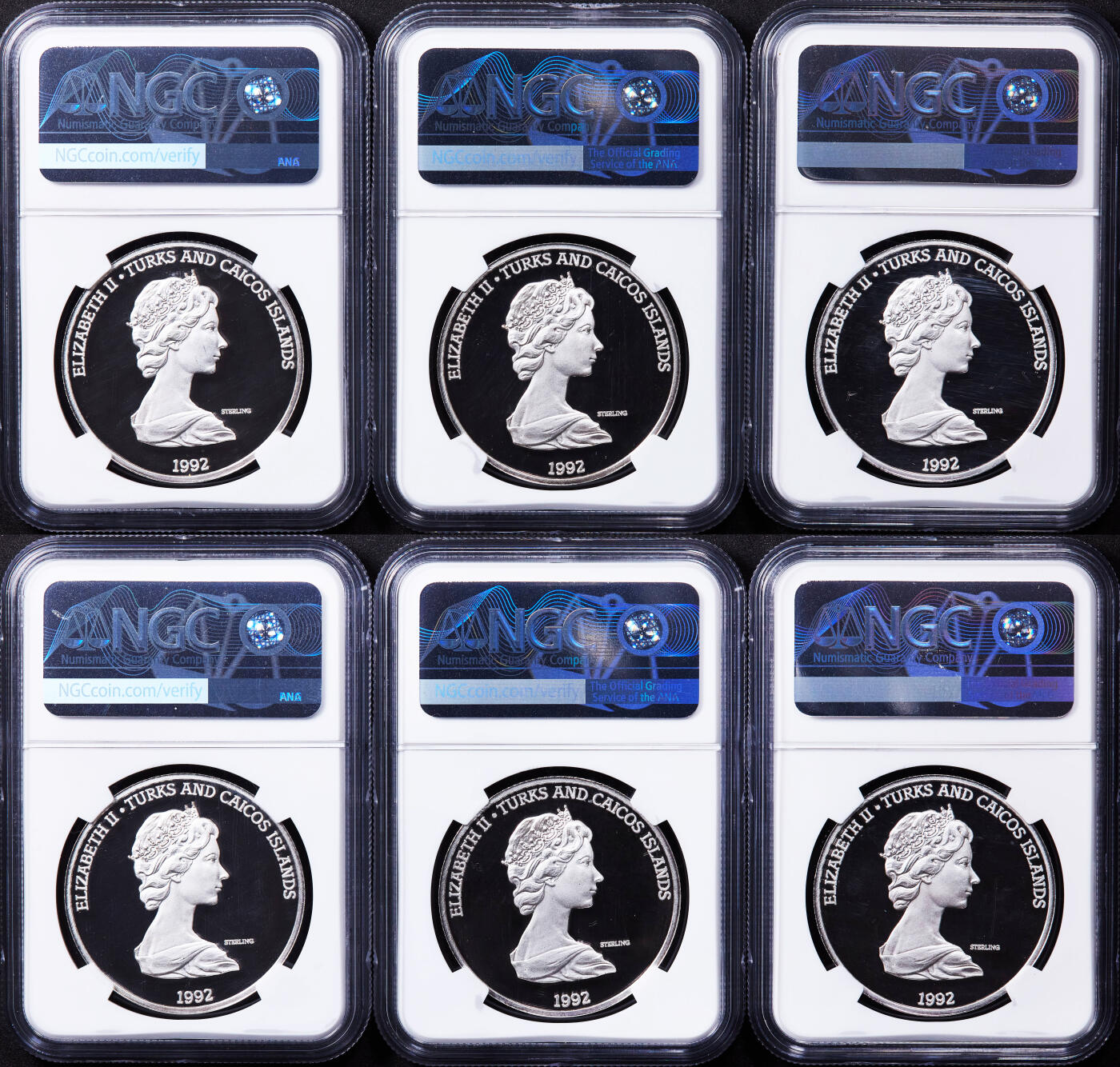 【俄甄集藏】2025年(044)11-12星期三晚 19:30 全场包邮 英属特克斯和凯克斯群岛1992年纪念哥伦布发现新大陆20克朗精制大银币6枚一组，NGC PF69UC，单枚重28.04克，92.5%银，设计精美，成体系难得