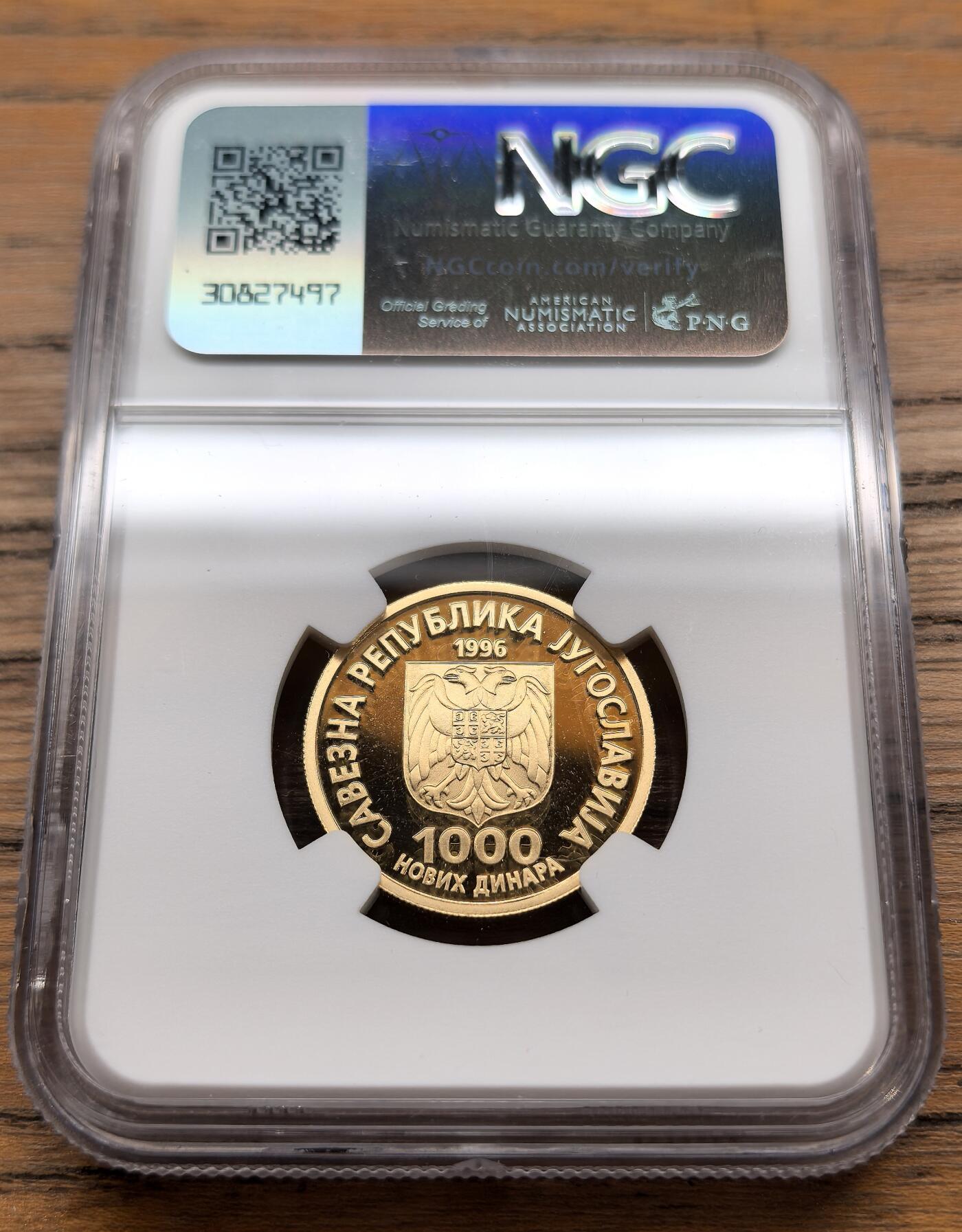 凡希社世界钱币微拍第三百十三期 1996南斯拉夫纪念尼古拉·特斯拉诞辰140周年纪念1000D金币精铸NGC-PF69UC，8.64g，900金，发行仅1000枚，稀有品种。马斯克的电动车品牌即取自他最为敬仰的这位塞裔美国籍物理学家。