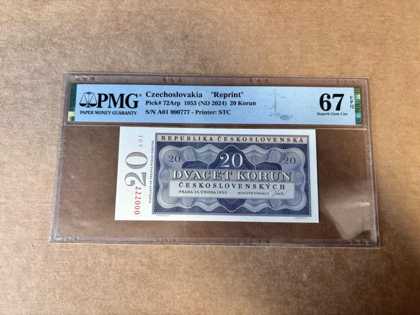 【Blue Auction】世界纸币精拍第745期——18级TOP拍卖/信誉/品质/专业/高效💫 【重印版 A01百位豹子号】捷斯 2024年20克朗 PMG67EPQ 