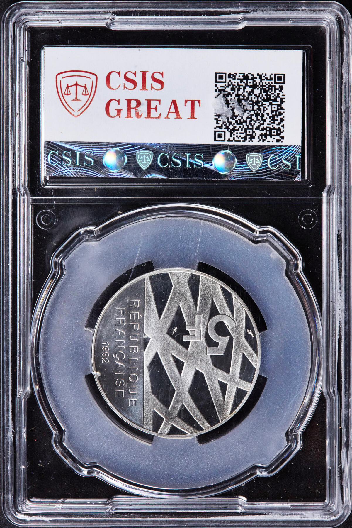 【俄甄集藏】2025年(044)11-12星期三晚 19:30 全场包邮 法国1992年纪念政治家、原总理皮埃尔·孟戴斯-弗朗斯逝世10周年5法郎精制银币，信泰 PF69UC，重12克，90%银，发行量10000枚，少见品种