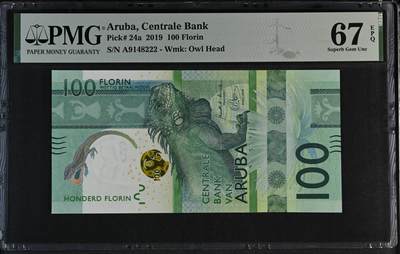 【Blue Auction】世界纸币精拍第745期——18级TOP拍卖/信誉/品质/专业/高效💫 - 【222豹子号】阿鲁巴 2019年100弗罗林 大蜥蜴 PMG67EPQ 