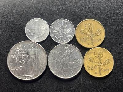 邮泉阁限时拍卖第三十四场 圣马力诺、梵蒂冈、意大利硬币专场（硬币在国外。请付邮费6元。） - 意大利1957年6枚其中一枚宽7