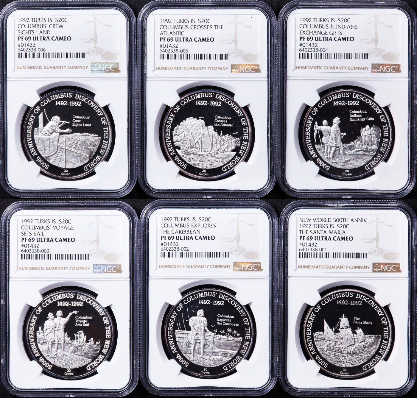【俄甄集藏】2025年(044)11-12星期三晚 19:30 全场包邮 英属特克斯和凯克斯群岛1992年纪念哥伦布发现新大陆20克朗精制大银币6枚一组，NGC PF69UC，单枚重28.04克，92.5%银，设计精美，成体系难得
