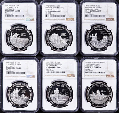 【俄甄集藏】2025年(044)11-12星期三晚 19:30 全场包邮 - 英属特克斯和凯克斯群岛1992年纪念哥伦布发现新大陆20克朗精制大银币6枚一组，NGC PF69UC，单枚重28.04克，92.5%银，设计精美，成体系难得