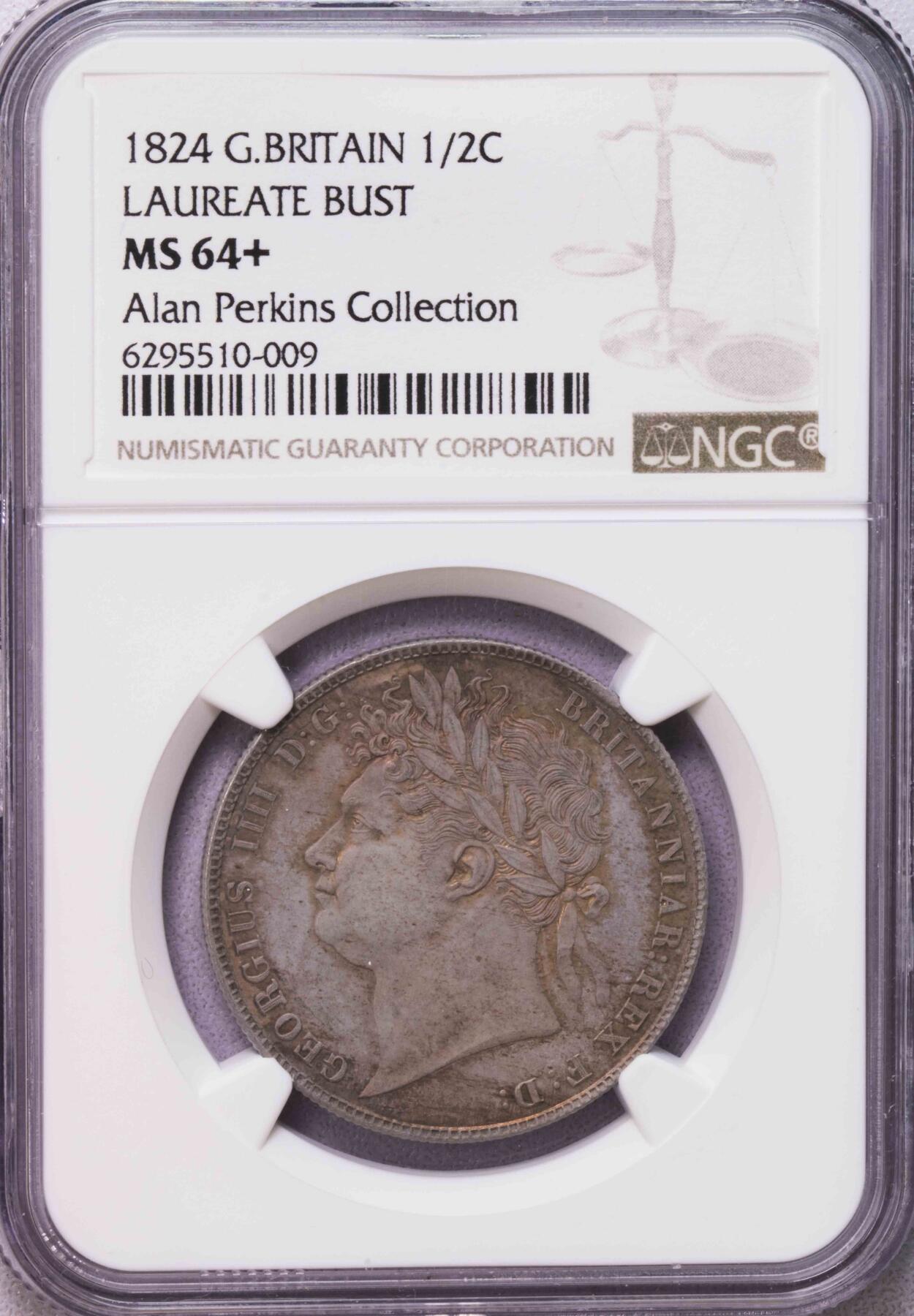 NGC-MS64+ 1824英国乔四纹章半克朗 唯一亚军名家旧藏