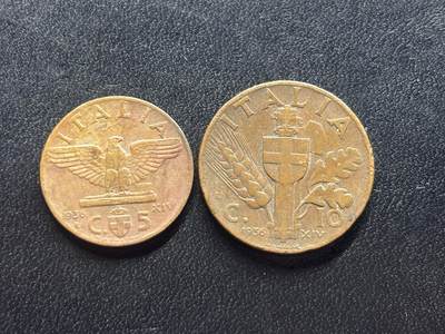 邮泉阁限时拍卖第三十四场 圣马力诺、梵蒂冈、意大利硬币专场（硬币在国外。请付邮费6元。） - 意大利王国维克托·伊曼纽尔三世1936年5分10分2枚