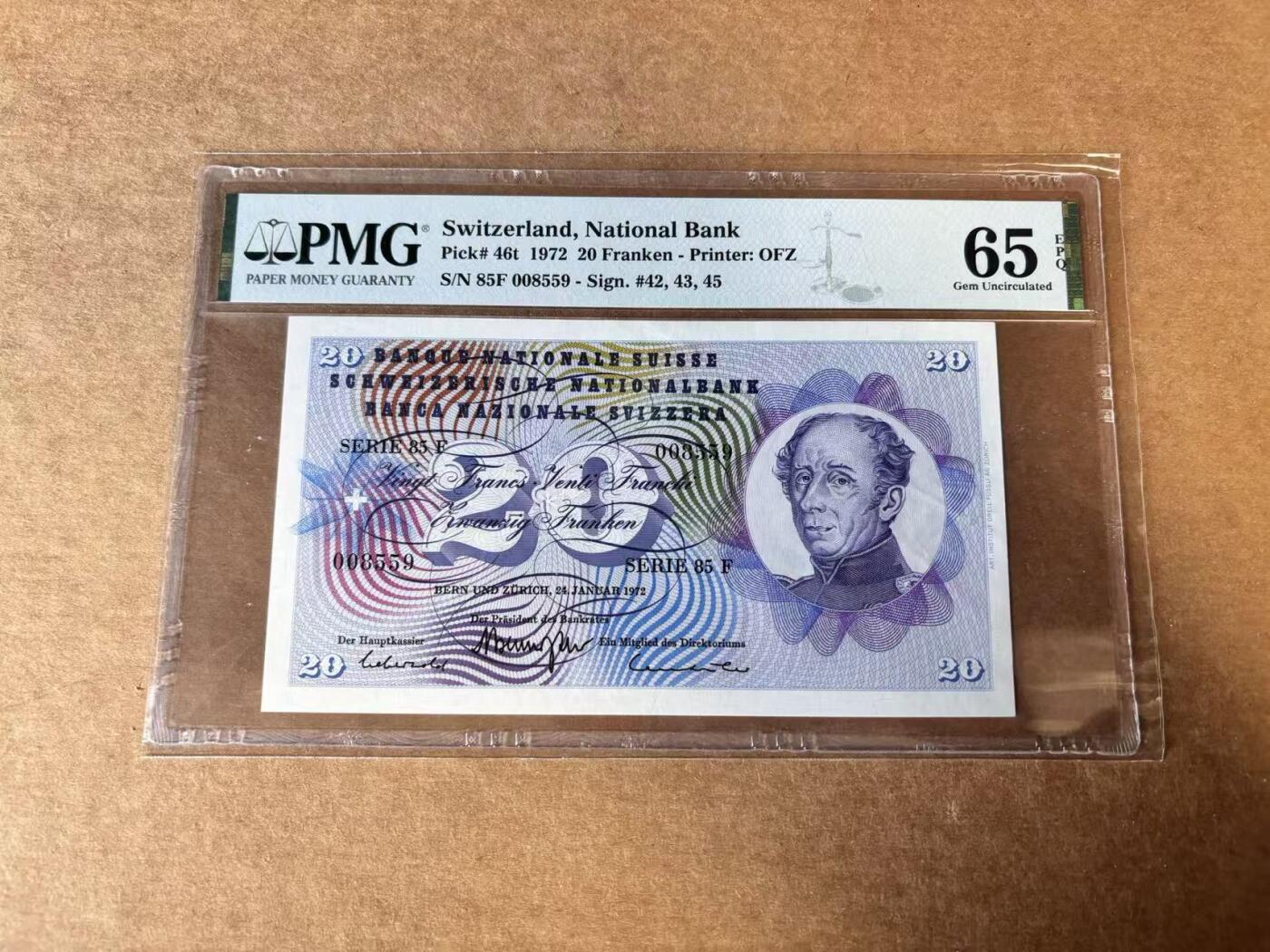 【Blue Auction】世界纸币精拍第745期——18级TOP拍卖/信誉/品质/专业/高效💫 【千位小号无47】瑞士1972年20法郎  PMG65EPQ 