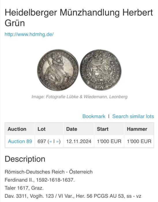 NGC-AU58 1617费迪南德泰勒大银币 稀少格拉兹厂