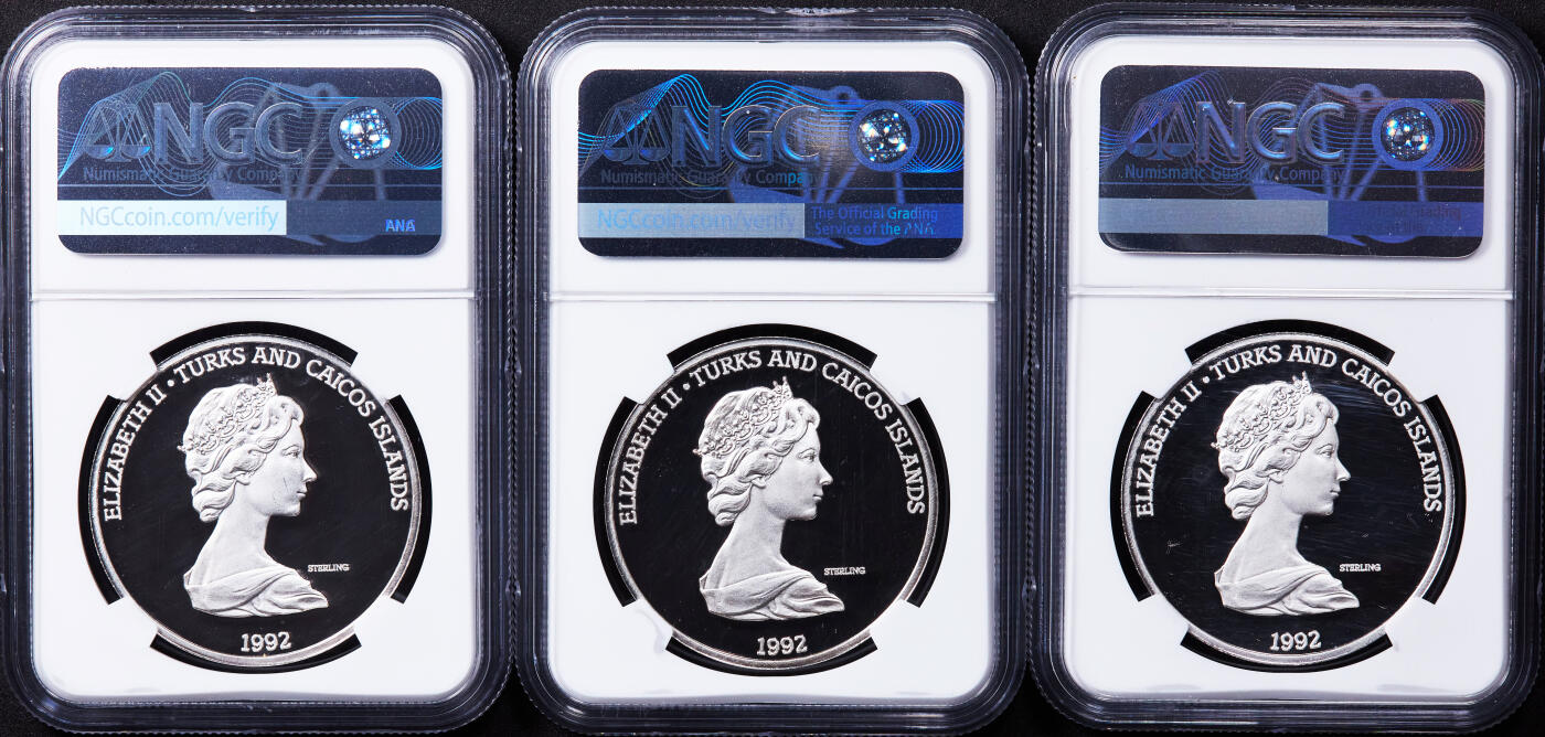 【俄甄集藏】2025年(044)11-12星期三晚 19:30 全场包邮 英属特克斯和凯克斯群岛1992年纪念哥伦布发现新大陆20克朗精制大银币6枚一组，NGC PF69UC，单枚重28.04克，92.5%银，设计精美，成体系难得
