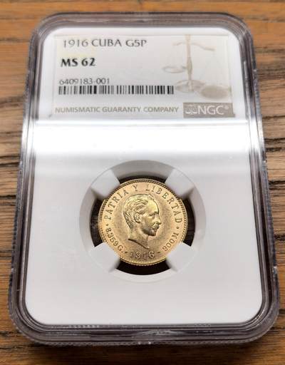 凡希社世界钱币微拍第三百十三期 - 1916古巴何塞马蒂5比索金币NGC-MS62，8.36g，900金。