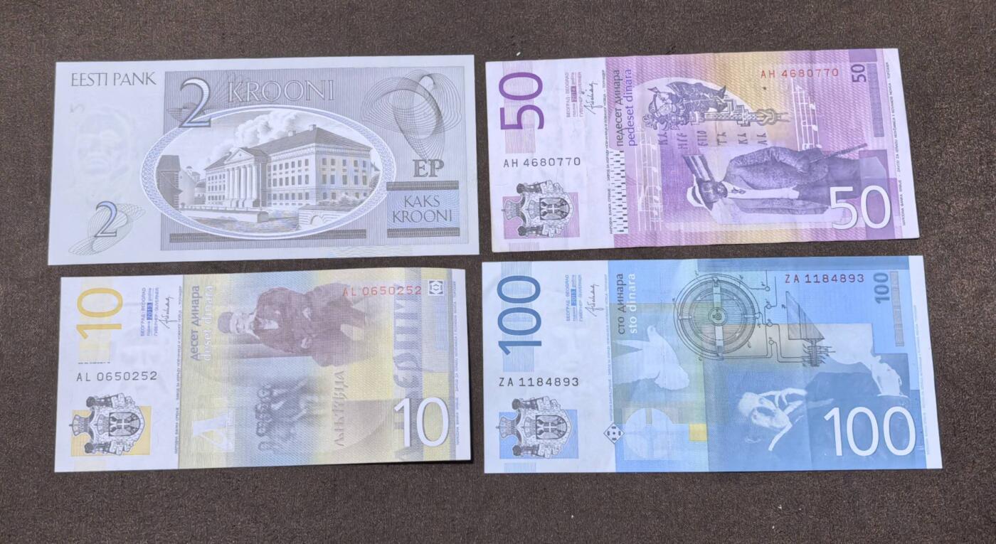 北京马甸外国币专卖第146期，外国纸币币专场，陆续上拍，欢迎关注 塞尔维亚3张：100第是补号9品左右，50第八品左右，10第和爱沙尼亚2克为全新